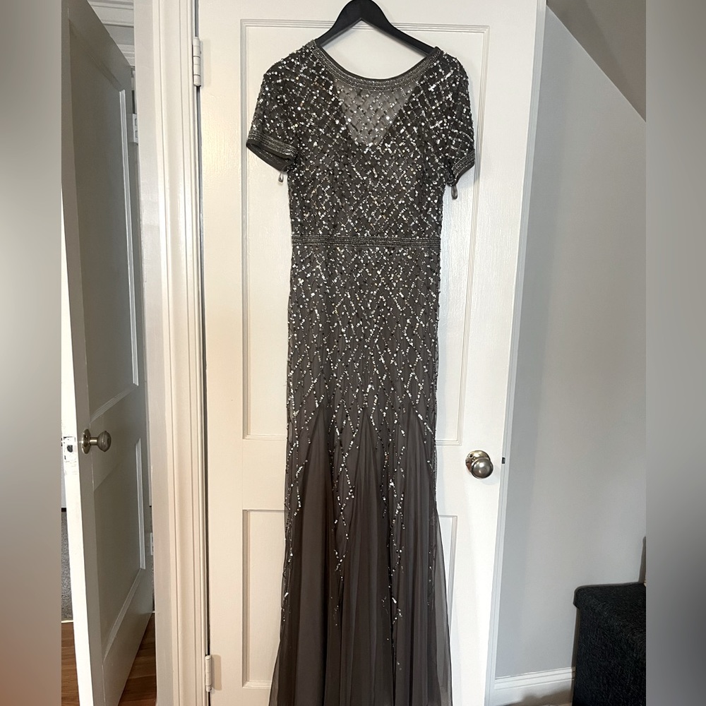 Adrianna Papelle short sleeve grid beaded gown.